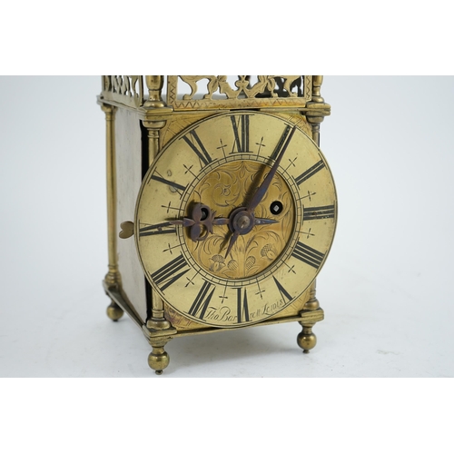 62 - Thomas Barrett of Lewis, [Lewes]. An 18th century brass lantern clock, in traditional case with armo... 