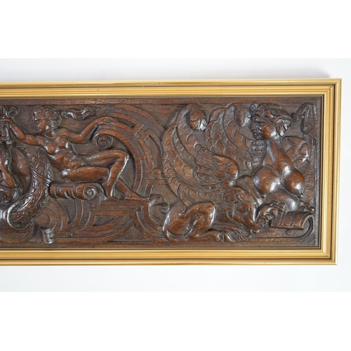 63 - A 17th century oak panel carved with a central cartouche of a reclining bearded man holding a branch... 