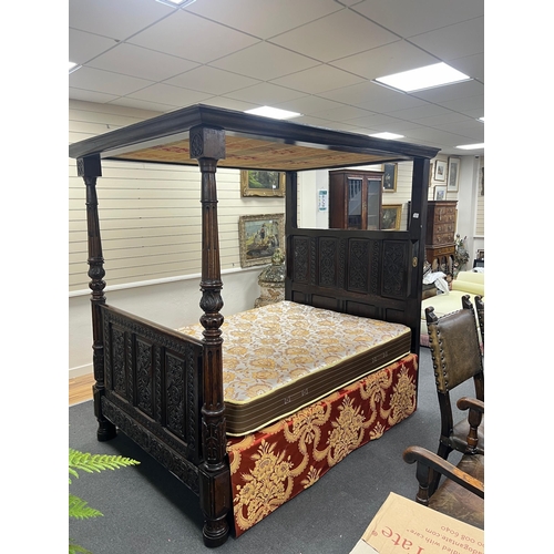 67 - A 17th century and later oak full tester bedstead with moulded cornice and stop fluted acanthus carv... 