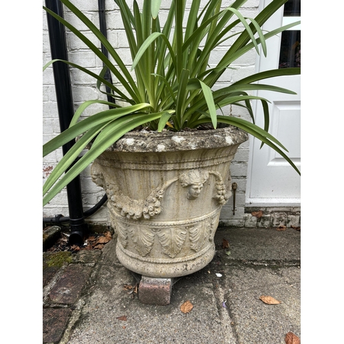 1 - A pair of circular reconstituted stone garden urns, height 50cm, depth 60cm. planting removed. Condi... 