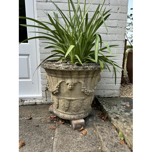 1 - A pair of circular reconstituted stone garden urns, height 50cm, depth 60cm. planting removed. Condi... 