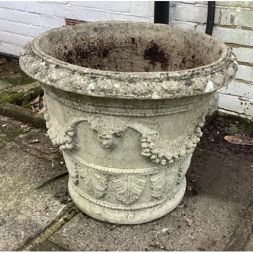 1 - A pair of circular reconstituted stone garden urns, height 50cm, depth 60cm. planting removed. Condi... 