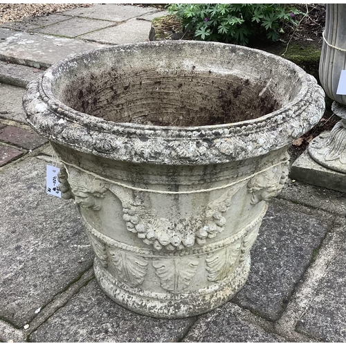 1 - A pair of circular reconstituted stone garden urns, height 50cm, depth 60cm. planting removed. Condi... 