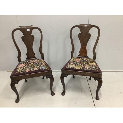 101 - A pair of Queen Anne style walnut dining chairs, height 97cm. Condition - poor