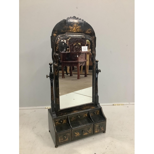 104 - A Queen Anne chinoiserie japanned pine toilet mirror, with six drawer base, width 36cm, height 78cm.... 