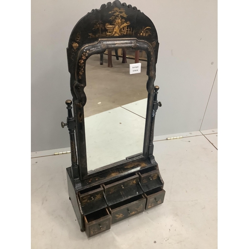 104 - A Queen Anne chinoiserie japanned pine toilet mirror, with six drawer base, width 36cm, height 78cm.... 