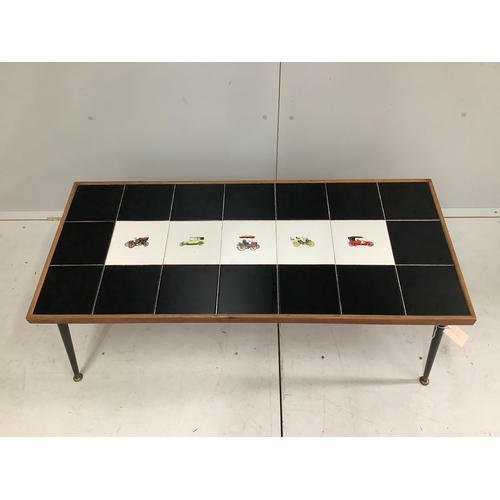 108 - A 1960s tile top coffee table, width 110cm, depth 48cm, height 51cm. Condition - fair to good