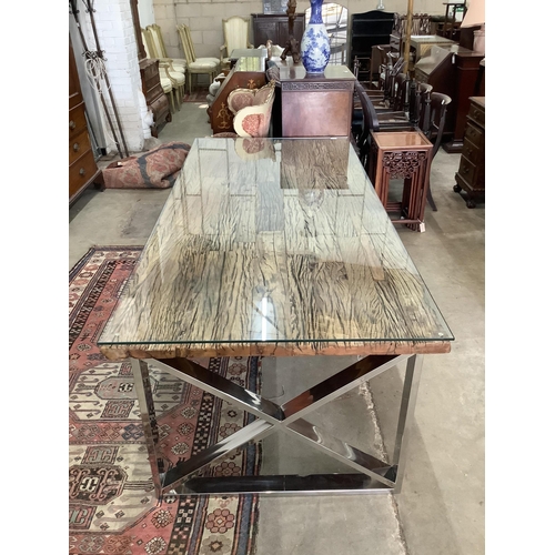 117 - A Contemporary glass top weathered timber and chrome dining table, the top made from old train rail ... 