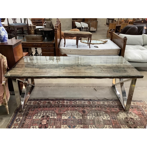 117 - A Contemporary glass top weathered timber and chrome dining table, the top made from old train rail ... 