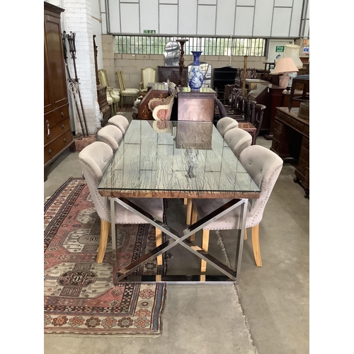 117 - A Contemporary glass top weathered timber and chrome dining table, the top made from old train rail ... 