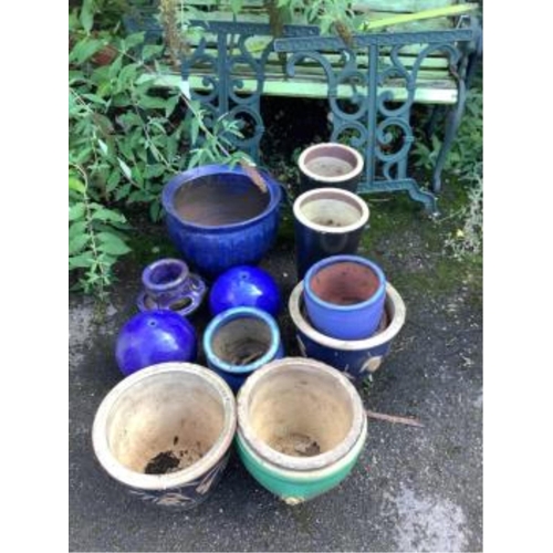 22 - A collection of assorted glazed pottery garden pots and ornaments, largest diameter 42cm. Condition ... 