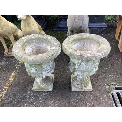 26 - A pair of reconstituted stone garden urns, height 55cm and three assorted marble urns. Condition - a... 