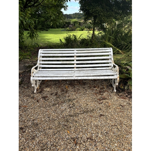 47 - A white painted wrought iron and wood slatted garden bench, 163cm. Condition - weathered, otherwise ... 