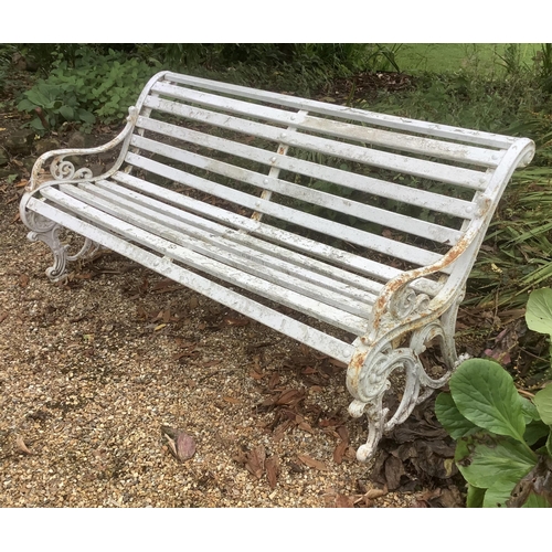 47 - A white painted wrought iron and wood slatted garden bench, 163cm. Condition - weathered, otherwise ... 