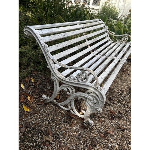 47 - A white painted wrought iron and wood slatted garden bench, 163cm. Condition - weathered, otherwise ... 