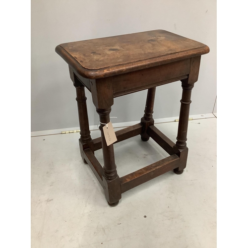 77 - A 17th century style oak joint stool, width 45cm, height 56cm. Condition - fair to good