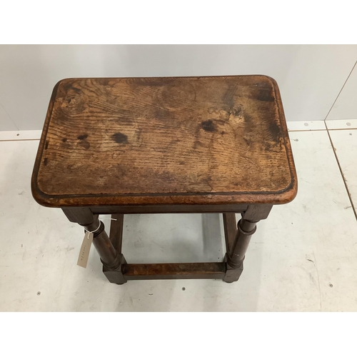 77 - A 17th century style oak joint stool, width 45cm, height 56cm. Condition - fair to good