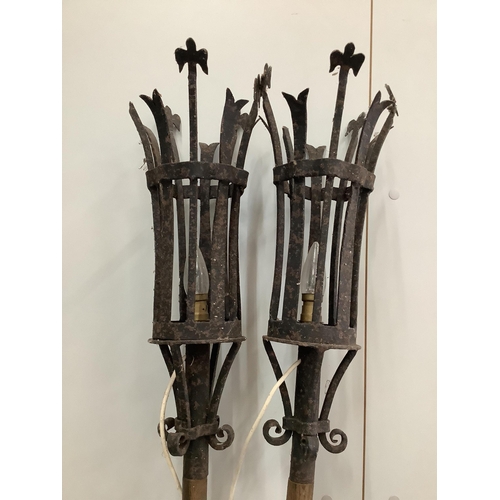 80 - A pair of gondola style wrought iron and oak lanterns, height 190cm. Condition - fair to good