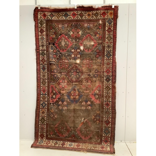 87 - An antique Caucasian geometric rug, 250 x 140cm, together with a Belouch prayer rug, 130 x 78cm. Con... 