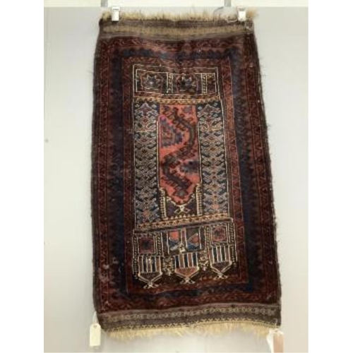 87 - An antique Caucasian geometric rug, 250 x 140cm, together with a Belouch prayer rug, 130 x 78cm. Con... 