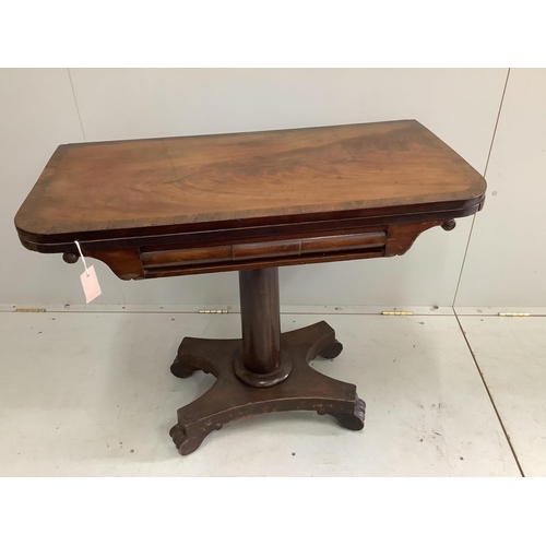 88 - An early Victorian rosewood banded mahogany folding card table, width 90cm, depth 45cm, height 73cm.... 