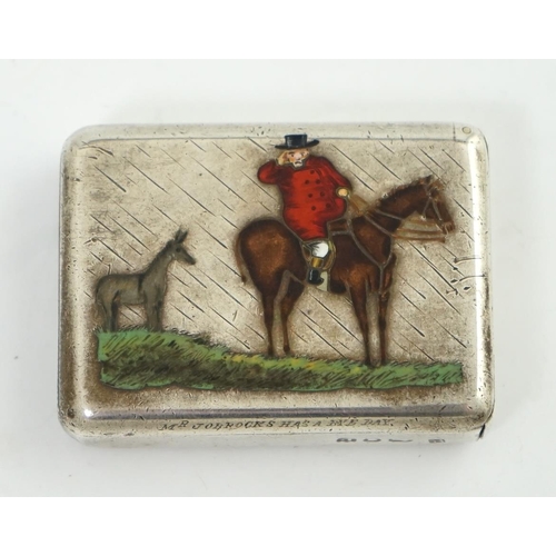 101 - A  late Victorian silver and enamel vesta case, by Edmonds & Johnson, Inscribed 'Mr Jorroks has a by... 