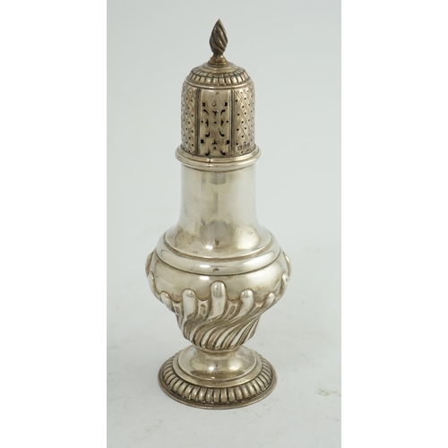 105 - An Edwardian silver baluster sugar caster, by The Barnards, on pedestal foot, with demi-fluted decor... 