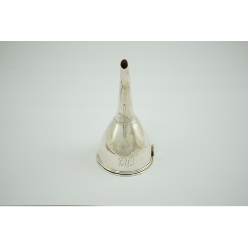 11 - A George III silver wine funnel, with muslin ring, maker's mark rubbed, with engraved monogram, Lond... 