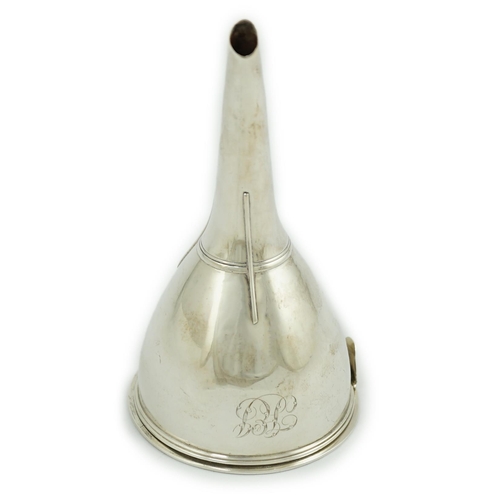 11 - A George III silver wine funnel, with muslin ring, maker's mark rubbed, with engraved monogram, Lond... 