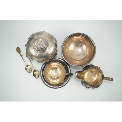 110 - An early 20th century Japanese Meiji period planished silver matched? part tea set comprising a tea ... 