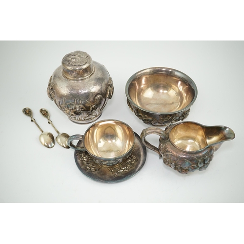 110 - An early 20th century Japanese Meiji period planished silver matched? part tea set comprising a tea ... 