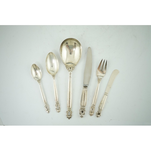 111 - A 1940's and later Georg Jensen canteen of acorn pattern silver cutlery, comprising eight dessert fo... 