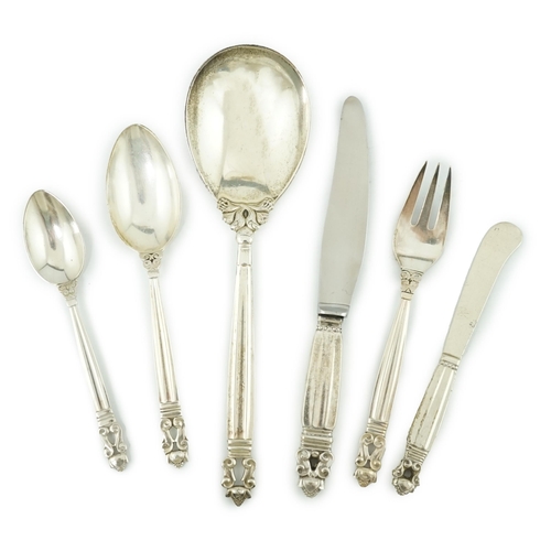 111 - A 1940's and later Georg Jensen canteen of acorn pattern silver cutlery, comprising eight dessert fo... 