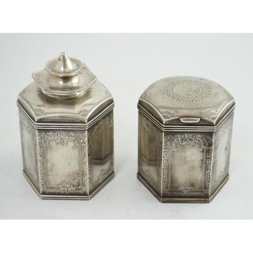 116 - Two similar late 19th/early 20th century Russian 84 zolotnik silver tea caddies, master Varvara Bala... 