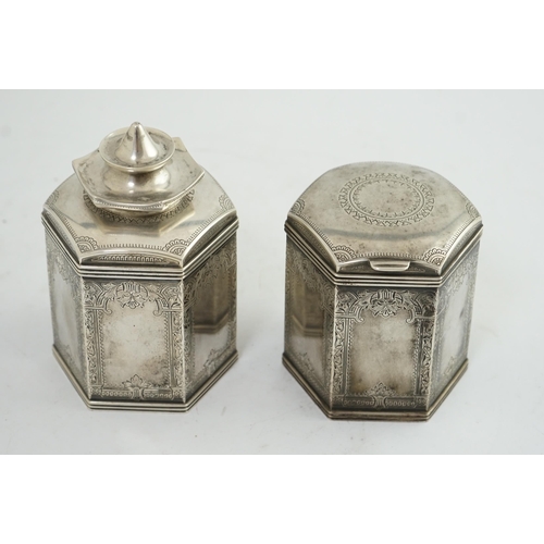 116 - Two similar late 19th/early 20th century Russian 84 zolotnik silver tea caddies, master Varvara Bala... 