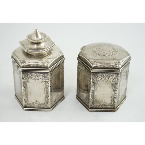 116 - Two similar late 19th/early 20th century Russian 84 zolotnik silver tea caddies, master Varvara Bala... 