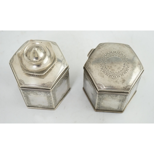 116 - Two similar late 19th/early 20th century Russian 84 zolotnik silver tea caddies, master Varvara Bala... 