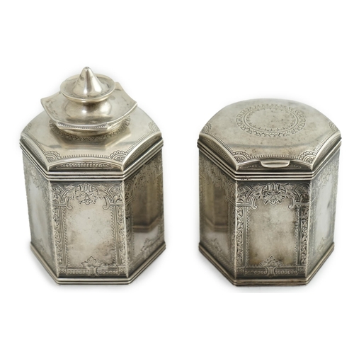 116 - Two similar late 19th/early 20th century Russian 84 zolotnik silver tea caddies, master Varvara Bala... 