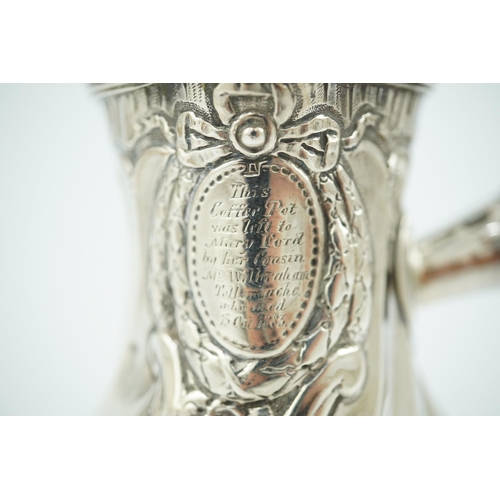 119 - A late 18th century French cafe au lait pot, with spiral twist decoration and turned wooden handle, ... 