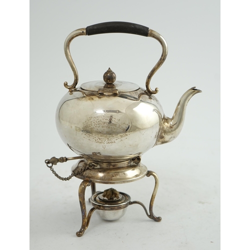 130 - A late Victorian silver bachelor's tea kettle on stand with burner, by Martin, Hall & Co, with engra... 