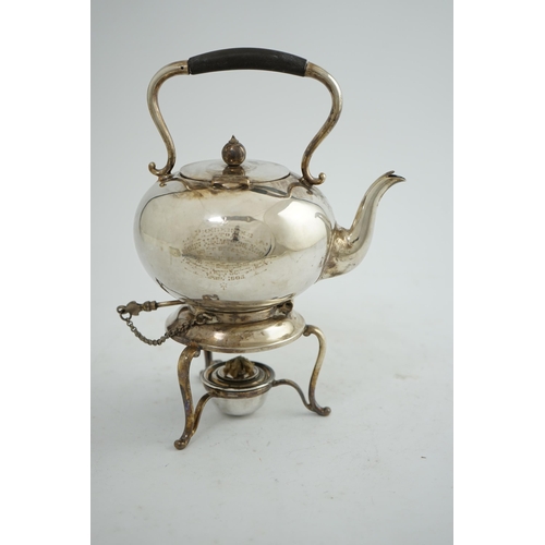 130 - A late Victorian silver bachelor's tea kettle on stand with burner, by Martin, Hall & Co, with engra... 