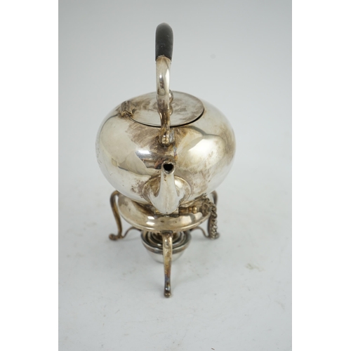 130 - A late Victorian silver bachelor's tea kettle on stand with burner, by Martin, Hall & Co, with engra... 