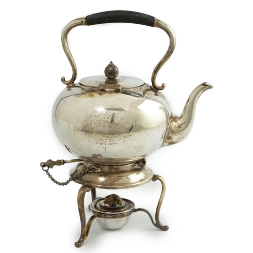 130 - A late Victorian silver bachelor's tea kettle on stand with burner, by Martin, Hall & Co, with engra... 