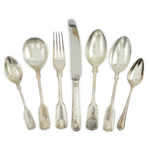 151 - A matched part canteen of modern silver fiddle, thread and shell pattern cutlery, by Roberts & Belk ... 