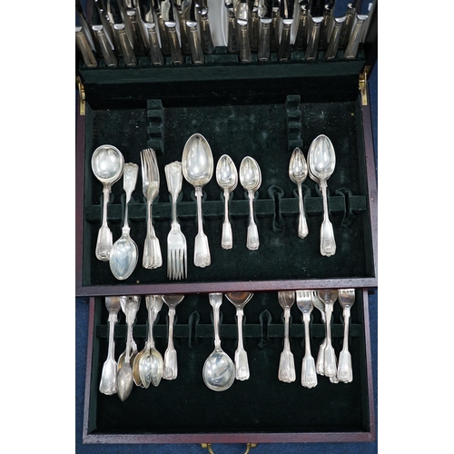 151 - A matched part canteen of modern silver fiddle, thread and shell pattern cutlery, by Roberts & Belk ... 