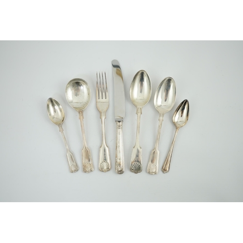 151 - A matched part canteen of modern silver fiddle, thread and shell pattern cutlery, by Roberts & Belk ... 