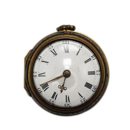 155 - A George III pair cased gold plated pocket watch, with a green stained tortoiseshell outer case, by ... 