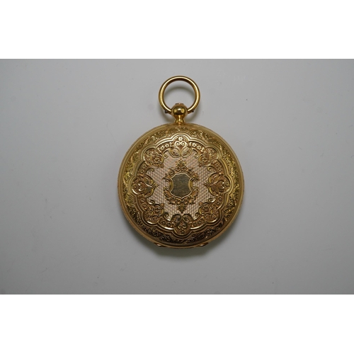 156 - A Victorian 18ct gold open face keywind fob watch by Barnby & Rust of Hull, with Roman dial and engr... 