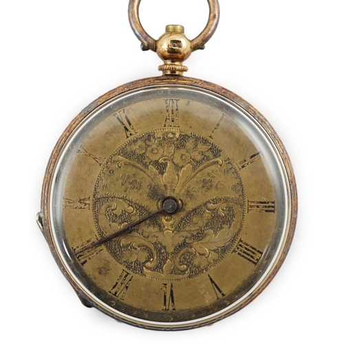 157 - A continental 18k gold open face key wind fob watch, with Roman dial and gilt metal cuvette, case di... 