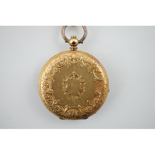 157 - A continental 18k gold open face key wind fob watch, with Roman dial and gilt metal cuvette, case di... 